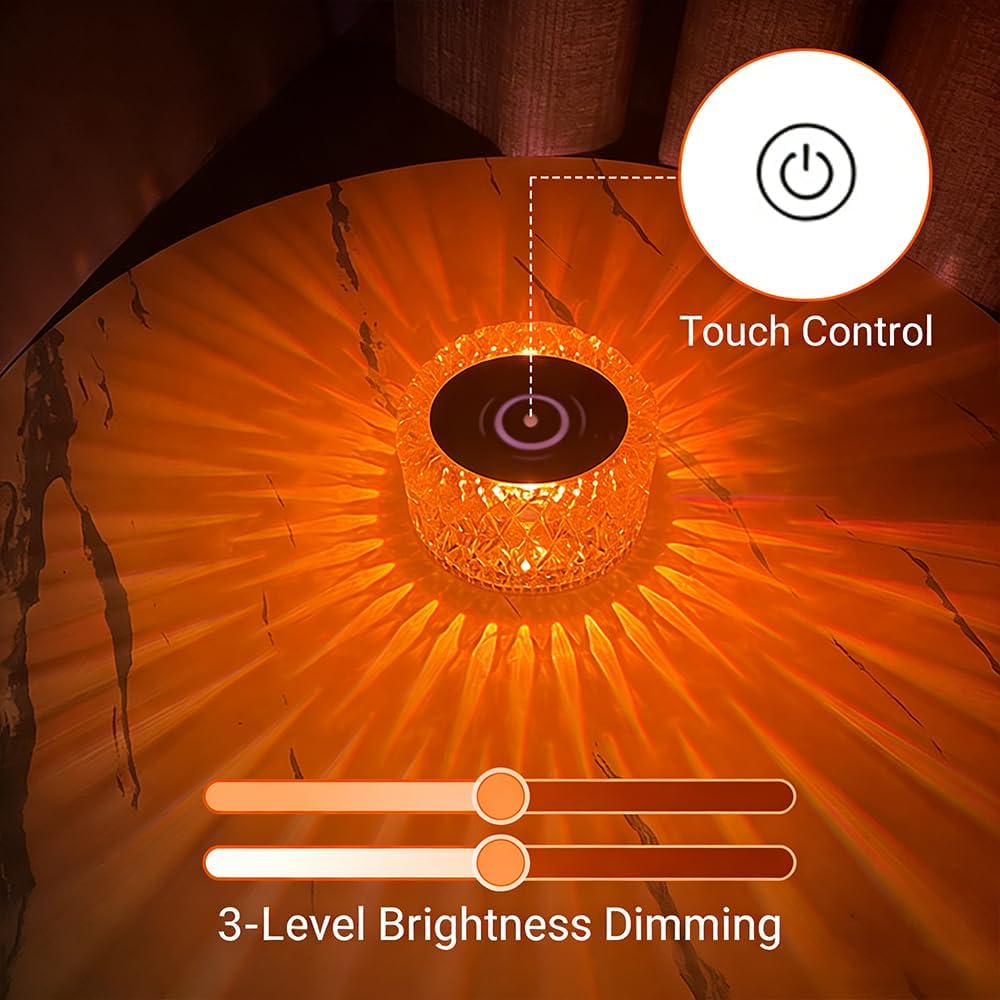 Portable Crystal LED Desk Lamp — 3-Level Brightness Adjustment, 3-Color Touch Control, Rechargeable