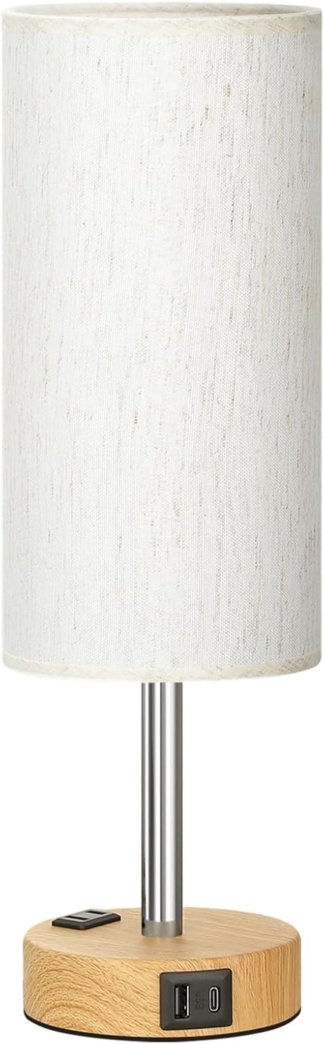 Bedside Table Lamp — Touch-controlled lamp with three brightness levels, featuring a USB-C charging port and an AC power outlet.
