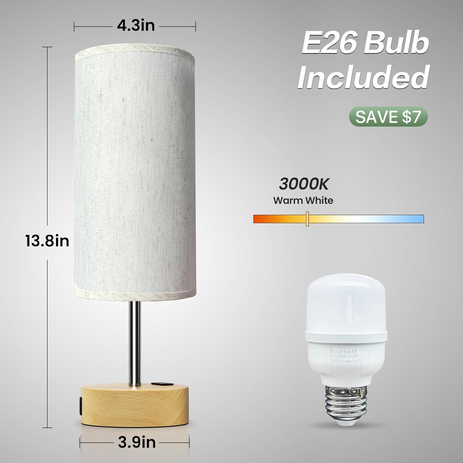 Compact bedside/touch-control table lamp featuring USB-A & USB-C charging ports and an AC outlet, with three-level dimming.