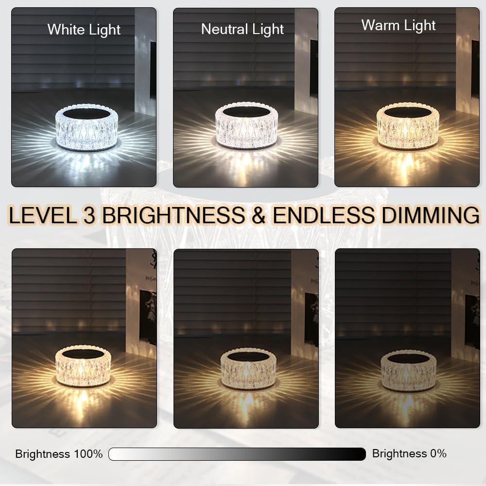 Portable Crystal LED Desk Lamp — 3-Level Brightness Adjustment, 3-Color Touch Control, Rechargeable