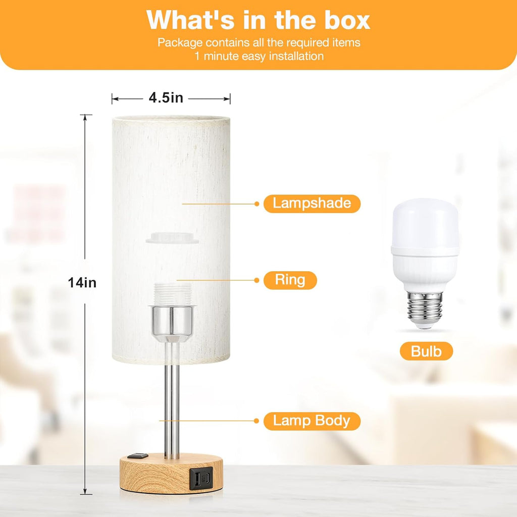 Bedside Table Lamp — Touch-controlled lamp with three brightness levels, featuring a USB-C charging port and an AC power outlet.