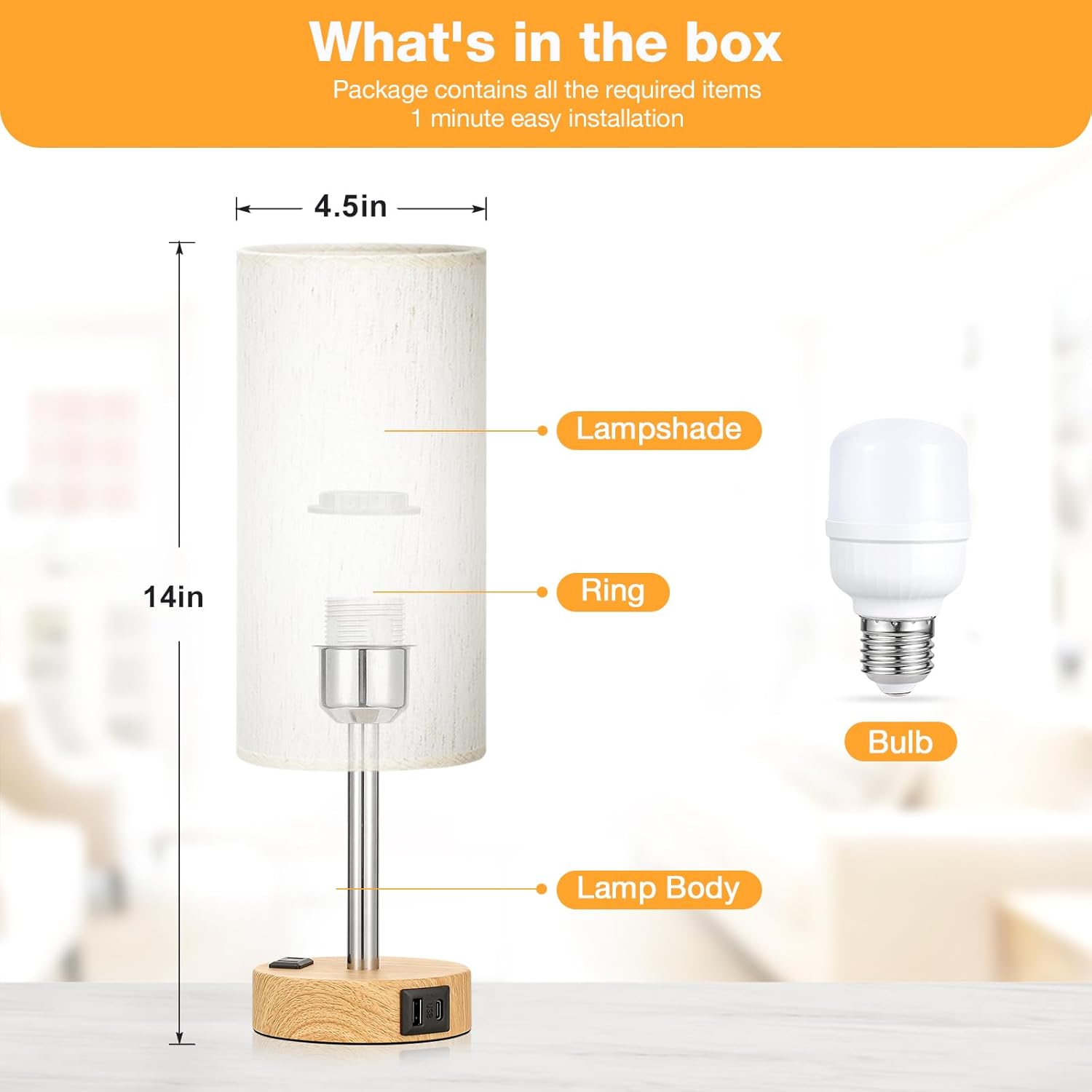 Bedside Table Lamp — Touch-controlled lamp with three brightness levels, featuring a USB-C charging port and an AC power outlet.