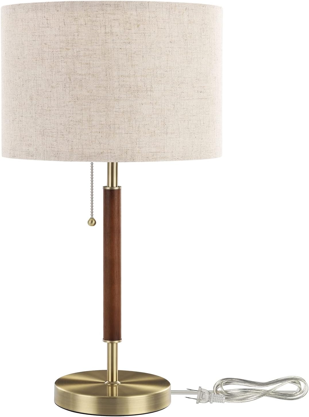 Mid-century style table lamp—a bedside lamp featuring a pull-chain switch and a design combining solid wood with a metal stem.