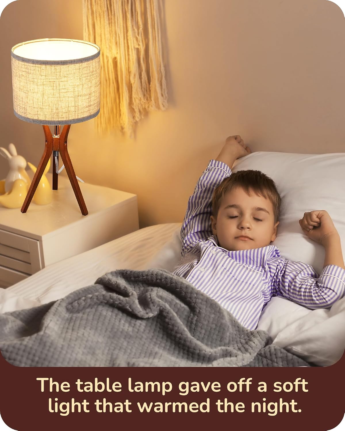 Mid-century style table lamp — featuring a dark wood base and a beige linen shade.