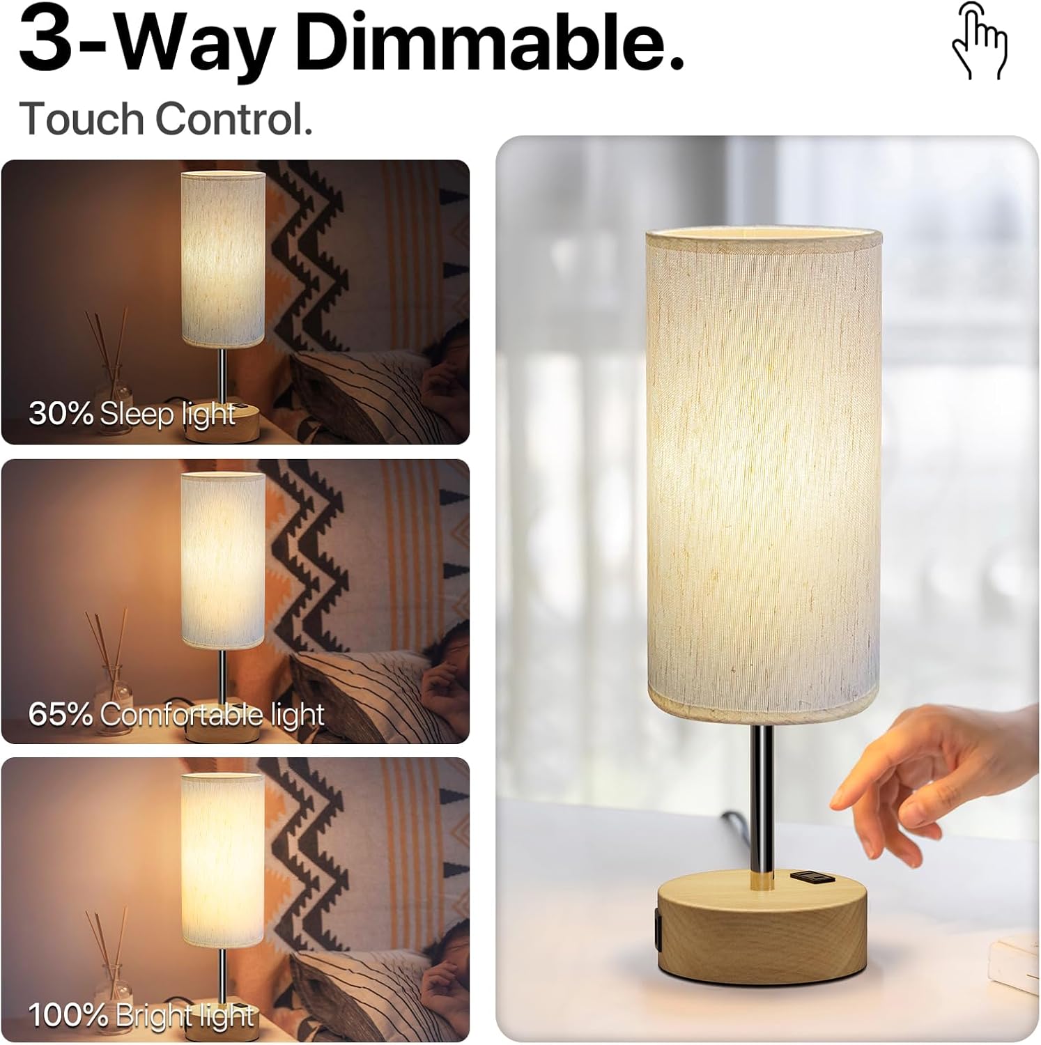 Compact bedside/touch-control table lamp featuring USB-A & USB-C charging ports and an AC outlet, with three-level dimming.