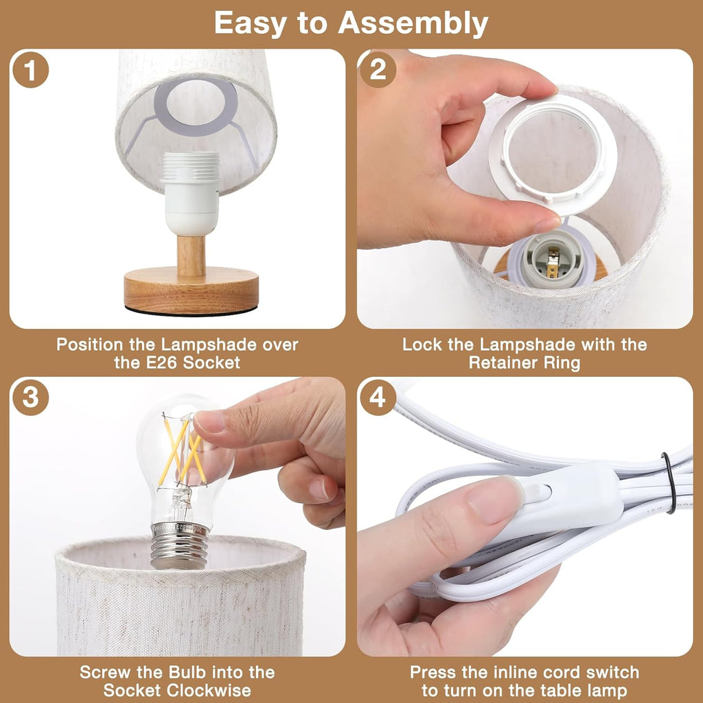 Fenmzee Small Table Lamp for Bedroom - Inline Control. Bedside Lamp with 3000K A15 LED Blub. Easy Assembly (Cream Shade - Wood Base. 9 Inline Control)