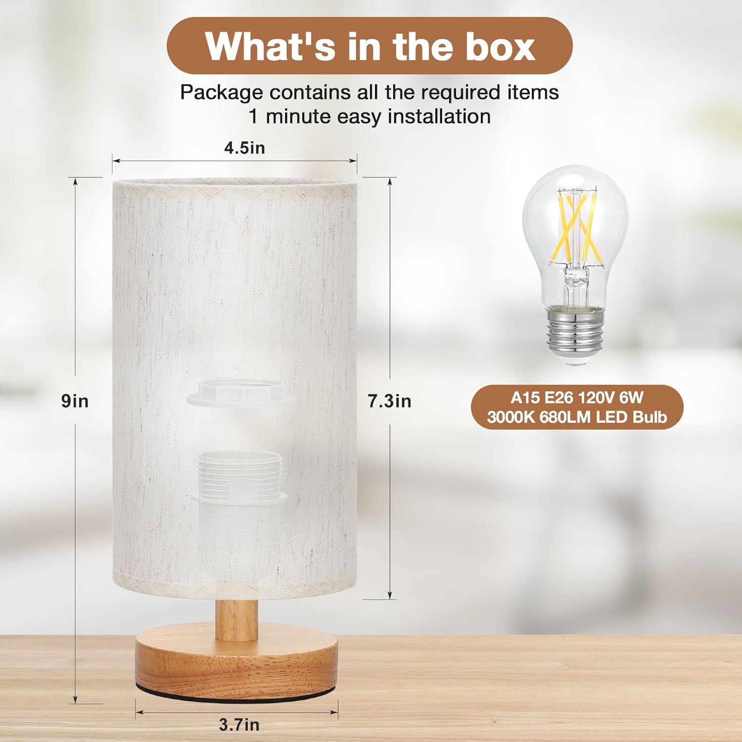 Fenmzee Small Table Lamp for Bedroom - Inline Control. Bedside Lamp with 3000K A15 LED Blub. Easy Assembly (Cream Shade - Wood Base. 9 Inline Control)