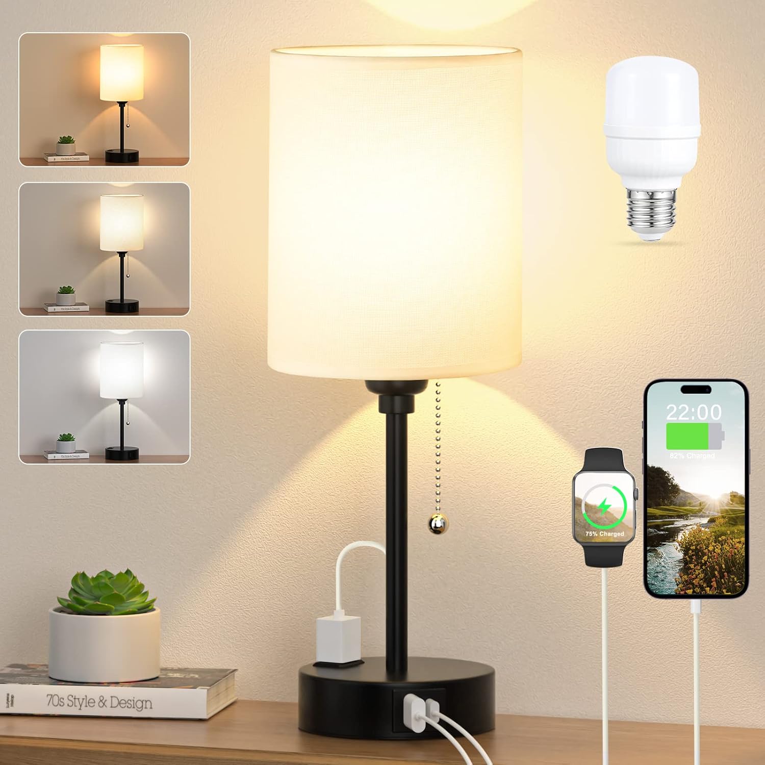 Compact Bedside Table Lamp for Bedrooms – Features 3 Color Temperature Settings and USB-C & USB-A Ports