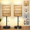 Touch-Control Bedside Lamp (Bulb Included) — Features a Rattan and Linen Shade; 3-Level Dimmable Bedside Lamp with USB Charging Port and Phone Holder