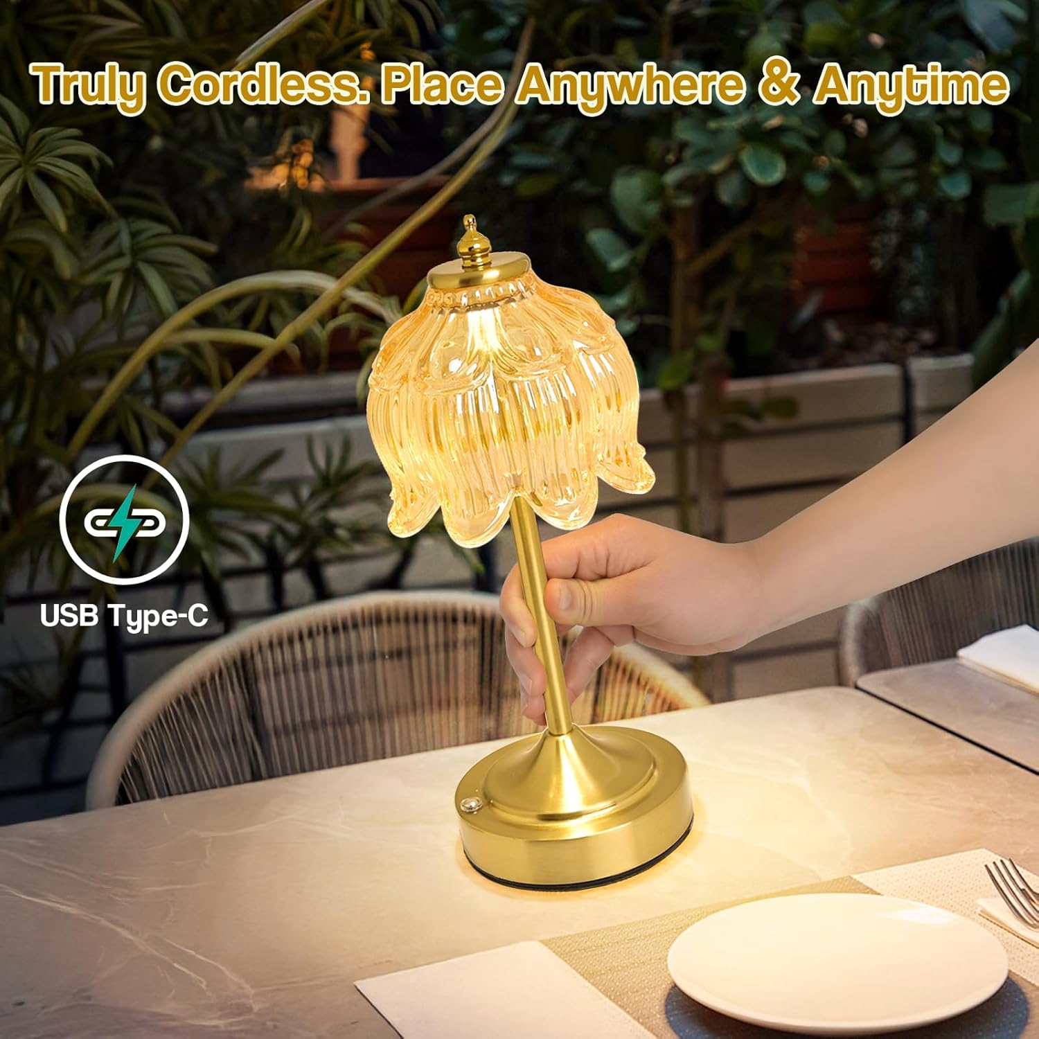 Wireless Lotus Table Lamp — 5200mAh rechargeable portable lamp featuring three-color dimming and touch controls.