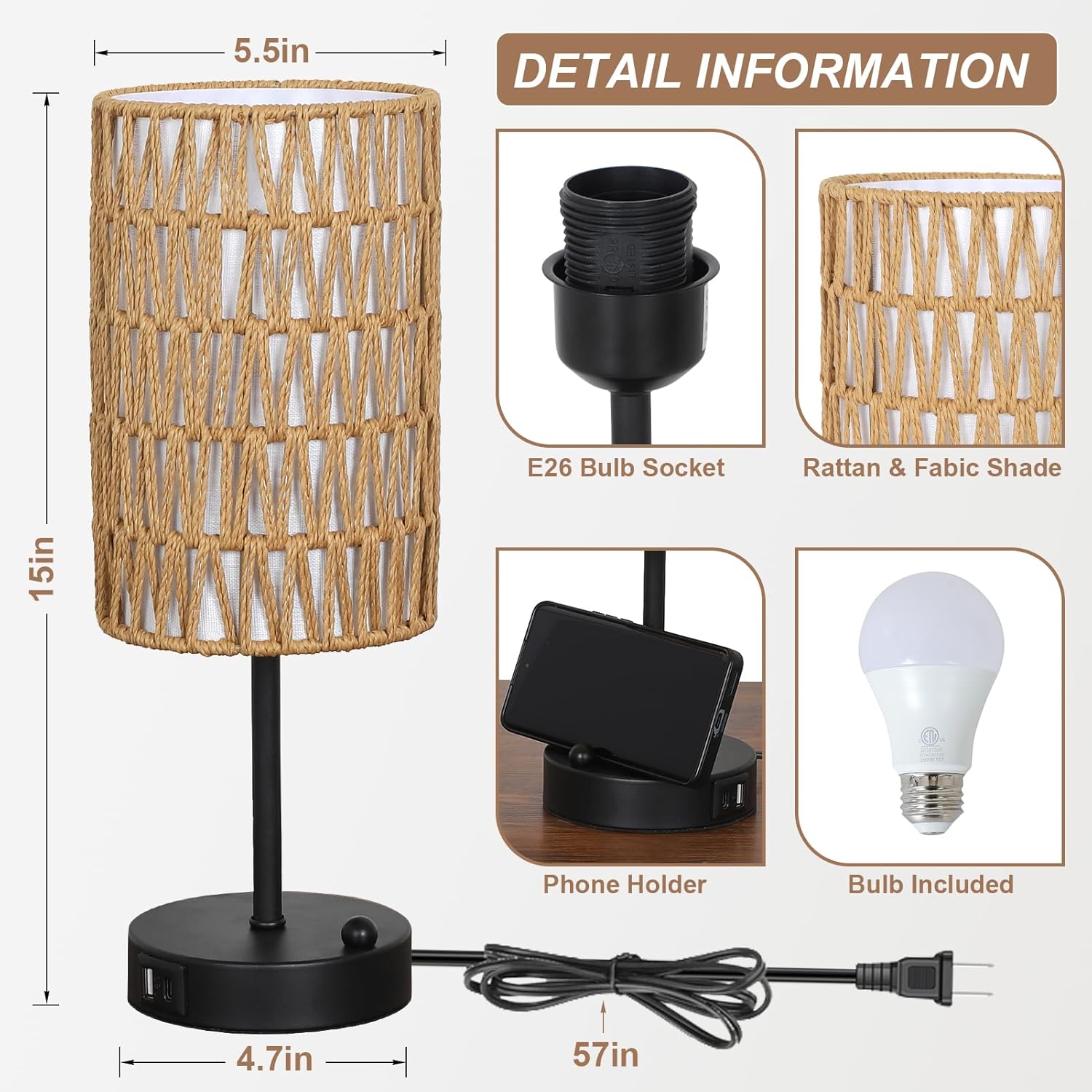 Touch-Control Bedside Lamp (Bulb Included) — Features a Rattan and Linen Shade; 3-Level Dimmable Bedside Lamp with USB Charging Port and Phone Holder