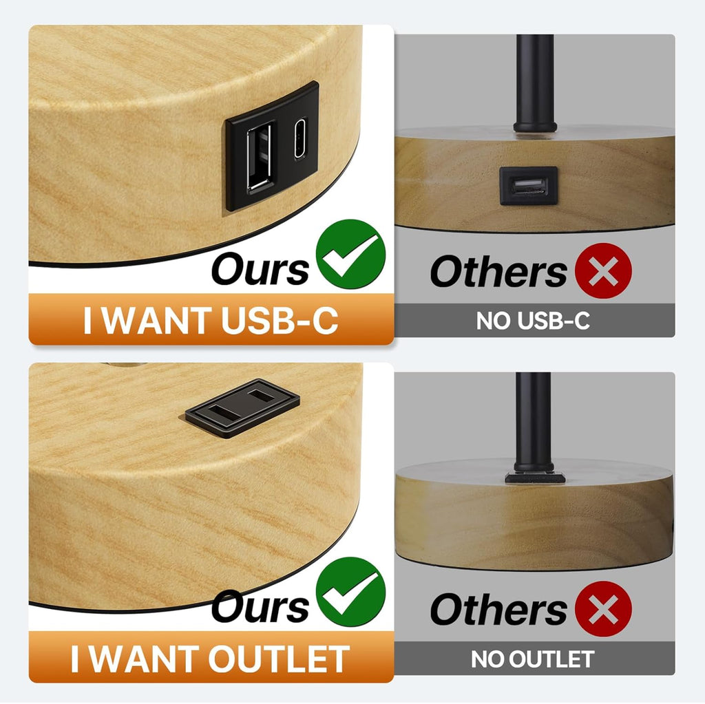 Compact bedside/touch-control table lamp featuring USB-A & USB-C charging ports and an AC outlet, with three-level dimming.