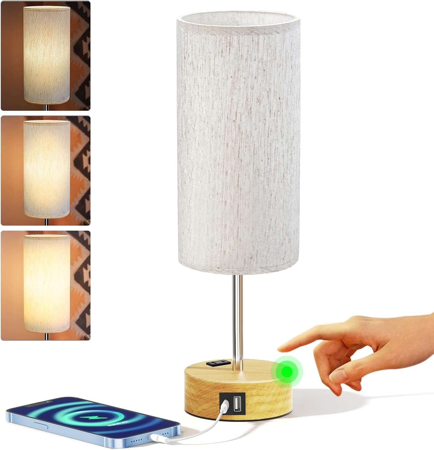 Compact bedside/touch-control table lamp featuring USB-A & USB-C charging ports and an AC outlet, with three-level dimming.