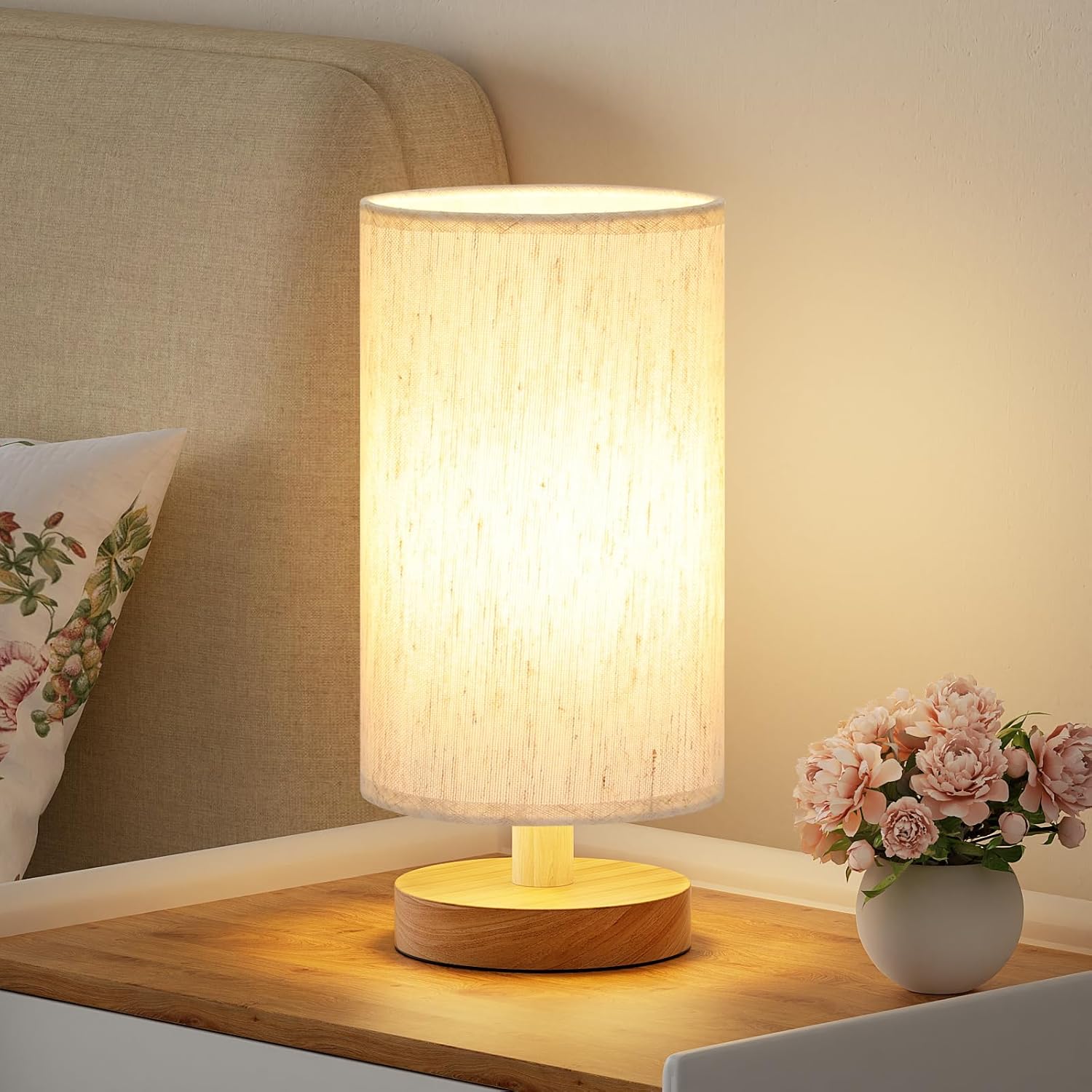 Fenmzee Small Table Lamp for Bedroom - Inline Control. Bedside Lamp with 3000K A15 LED Blub. Easy Assembly (Cream Shade - Wood Base. 9 Inline Control)