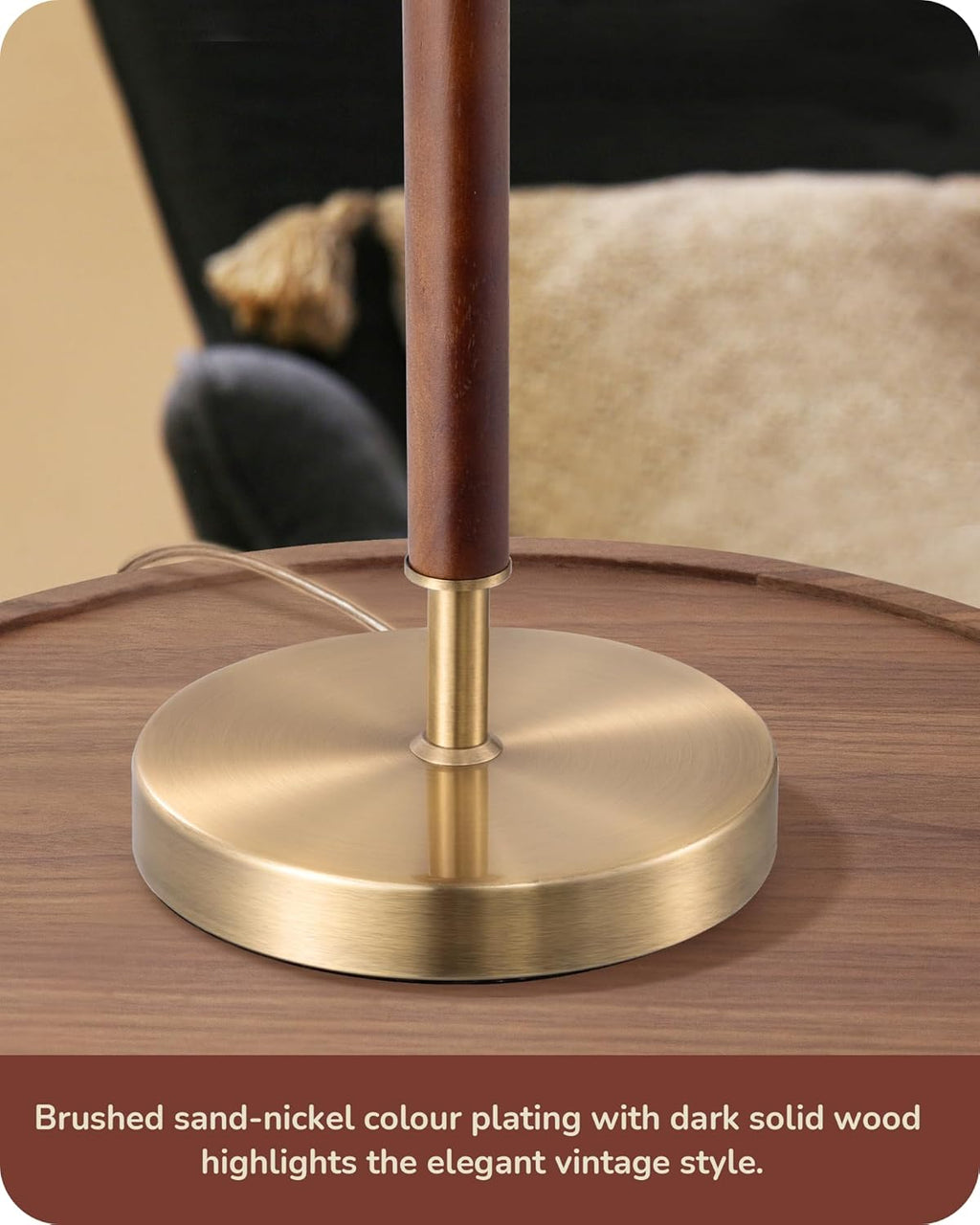 Mid-century style table lamp—a bedside lamp featuring a pull-chain switch and a design combining solid wood with a metal stem.