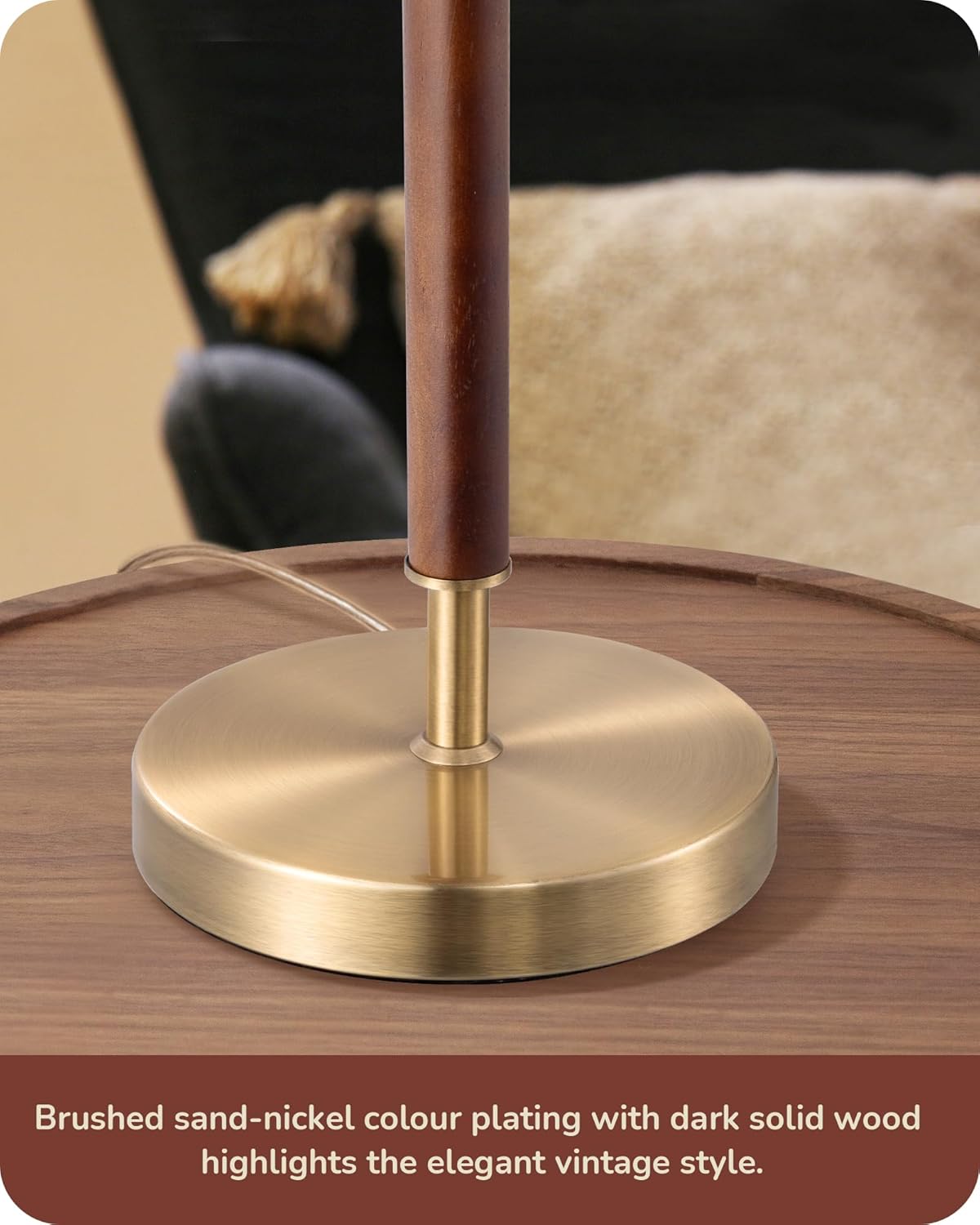 Mid-century style table lamp—a bedside lamp featuring a pull-chain switch and a design combining solid wood with a metal stem.