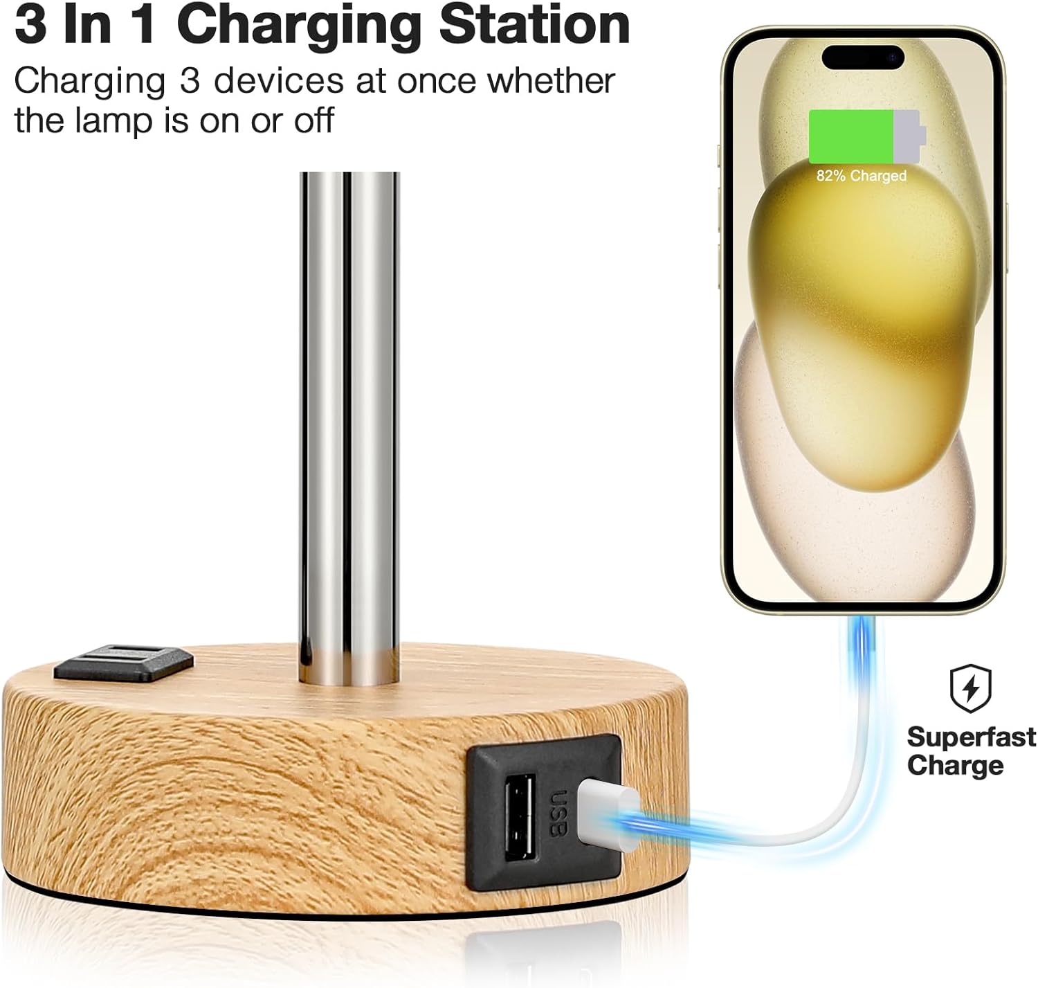 Bedside Table Lamp — Touch-controlled lamp with three brightness levels, featuring a USB-C charging port and an AC power outlet.