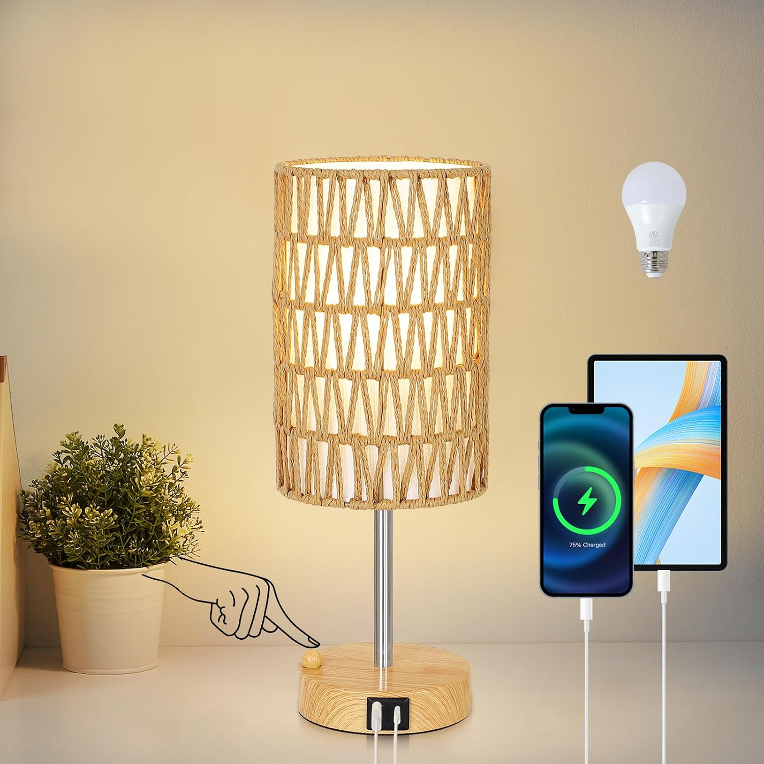 Touch-Control Bedside Lamp (Bulb Included) — Features a Rattan and Linen Shade; 3-Level Dimmable Bedside Lamp with USB Charging Port and Phone Holder