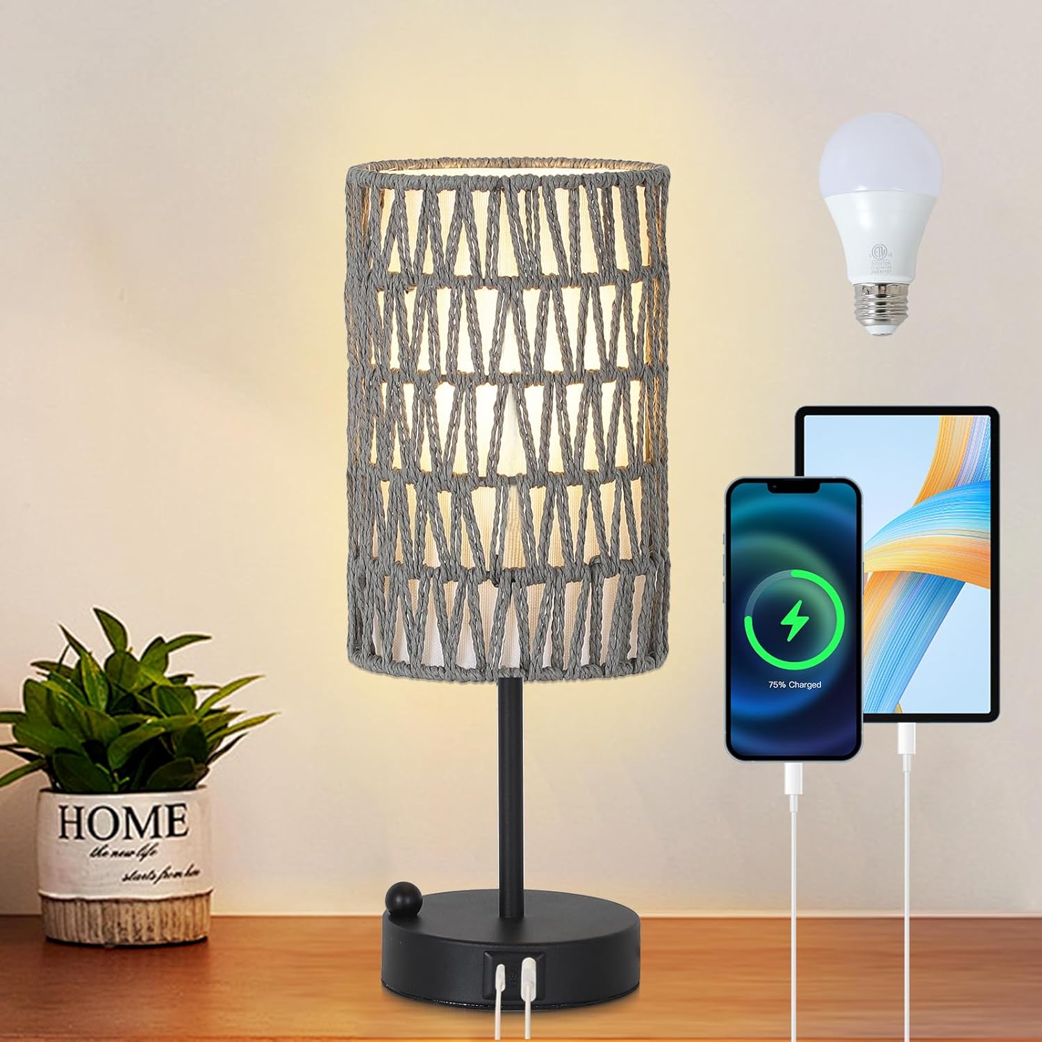 Touch-Control Bedside Lamp (Bulb Included) — Features a Rattan and Linen Shade; 3-Level Dimmable Bedside Lamp with USB Charging Port and Phone Holder