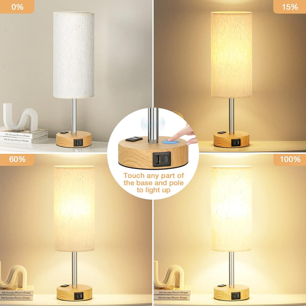 Bedside Table Lamp — Touch-controlled lamp with three brightness levels, featuring a USB-C charging port and an AC power outlet.