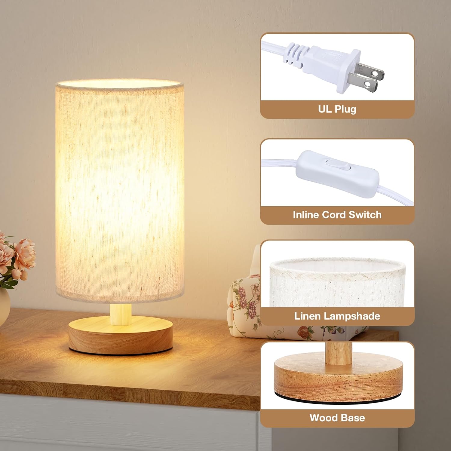 Fenmzee Small Table Lamp for Bedroom - Inline Control. Bedside Lamp with 3000K A15 LED Blub. Easy Assembly (Cream Shade - Wood Base. 9 Inline Control)