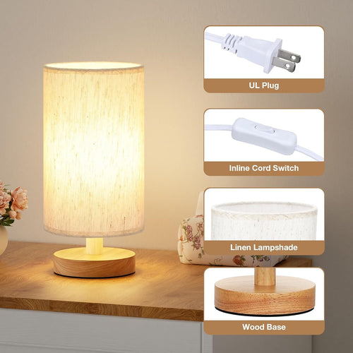 Fenmzee Small Table Lamp for Bedroom - Inline Control. Bedside Lamp with 3000K A15 LED Blub. Easy Assembly (Cream Shade - Wood Base. 9 Inline Control)