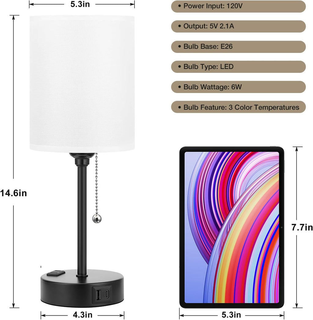 Compact Bedside Table Lamp for Bedrooms – Features 3 Color Temperature Settings and USB-C & USB-A Ports