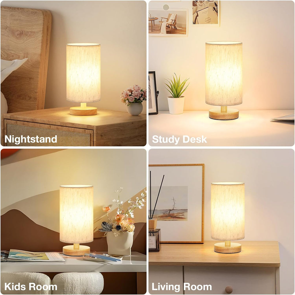 Fenmzee Small Table Lamp for Bedroom - Inline Control. Bedside Lamp with 3000K A15 LED Blub. Easy Assembly (Cream Shade - Wood Base. 9 Inline Control)