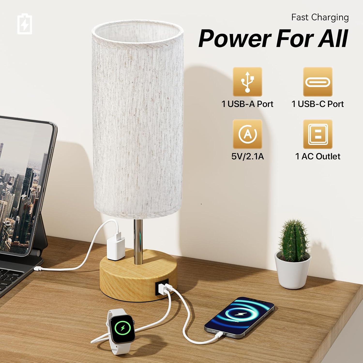 Compact bedside/touch-control table lamp featuring USB-A & USB-C charging ports and an AC outlet, with three-level dimming.