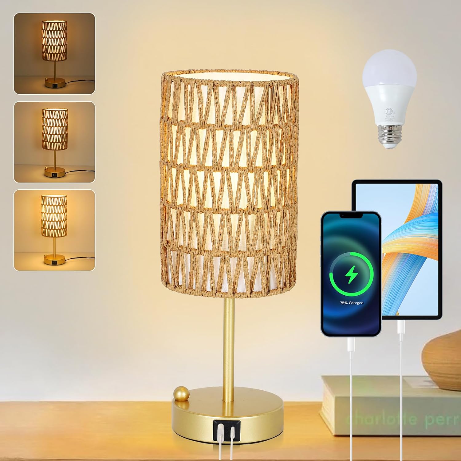 Touch-Control Bedside Lamp (Bulb Included) — Features a Rattan and Linen Shade; 3-Level Dimmable Bedside Lamp with USB Charging Port and Phone Holder