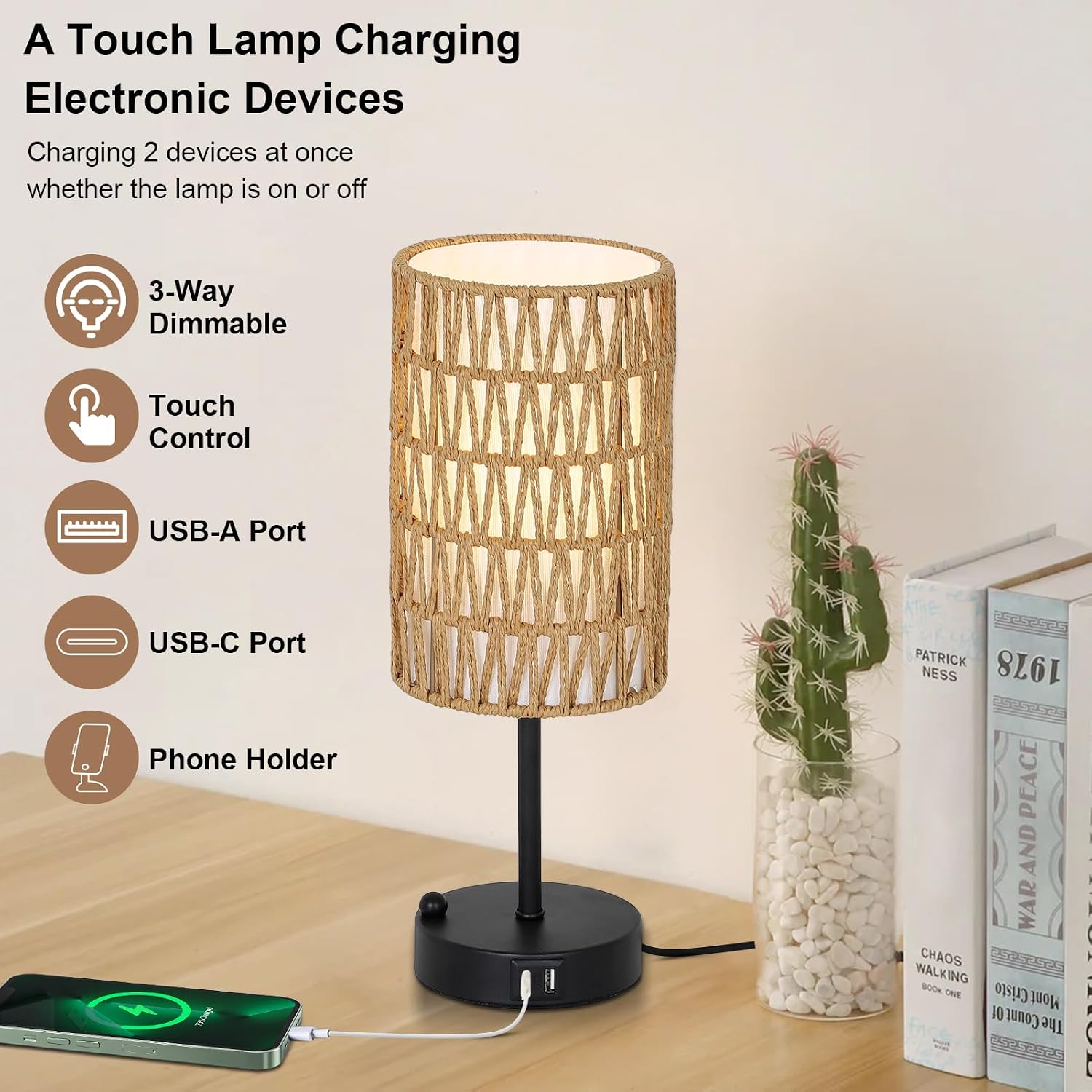 Touch-Control Bedside Lamp (Bulb Included) — Features a Rattan and Linen Shade; 3-Level Dimmable Bedside Lamp with USB Charging Port and Phone Holder