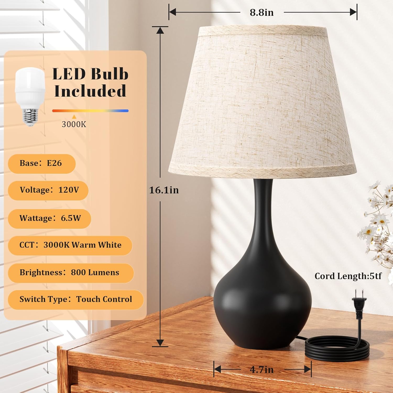 Touch-Control Bedside Lamp – Compact 3-Level Dimmable Table Lamp