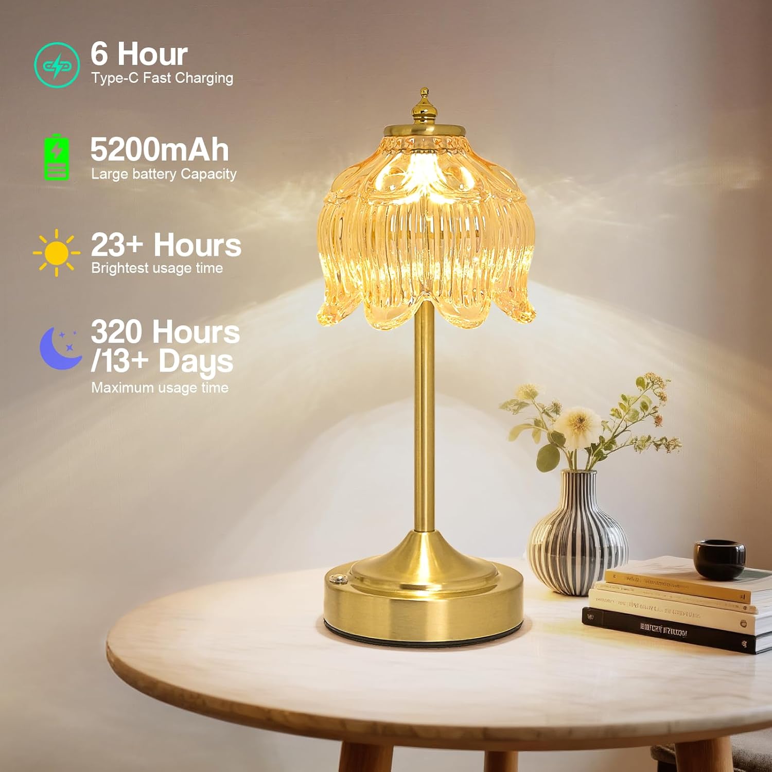 Wireless Lotus Table Lamp — 5200mAh rechargeable portable lamp featuring three-color dimming and touch controls.