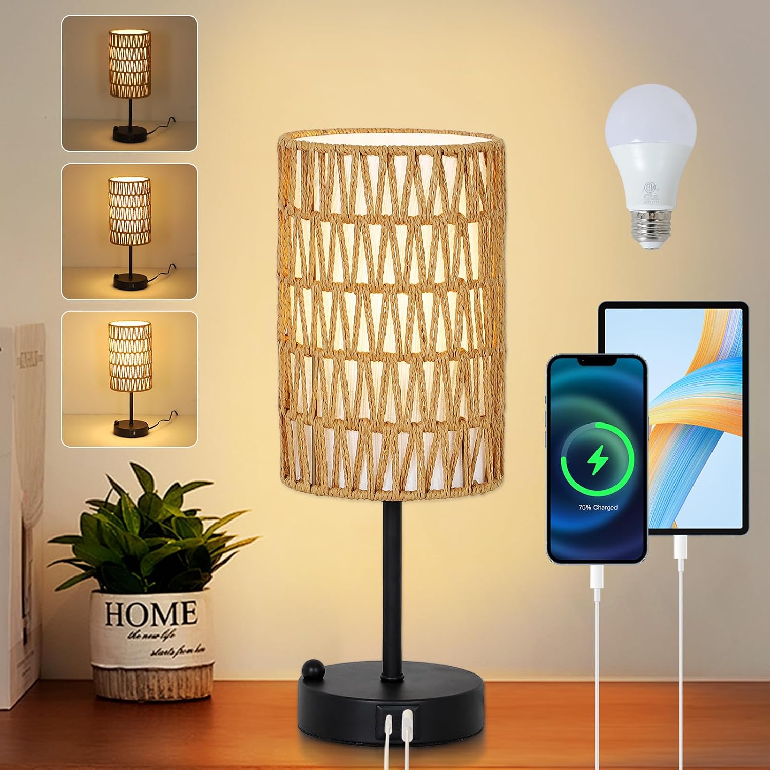Touch-Control Bedside Lamp (Bulb Included) — Features a Rattan and Linen Shade; 3-Level Dimmable Bedside Lamp with USB Charging Port and Phone Holder