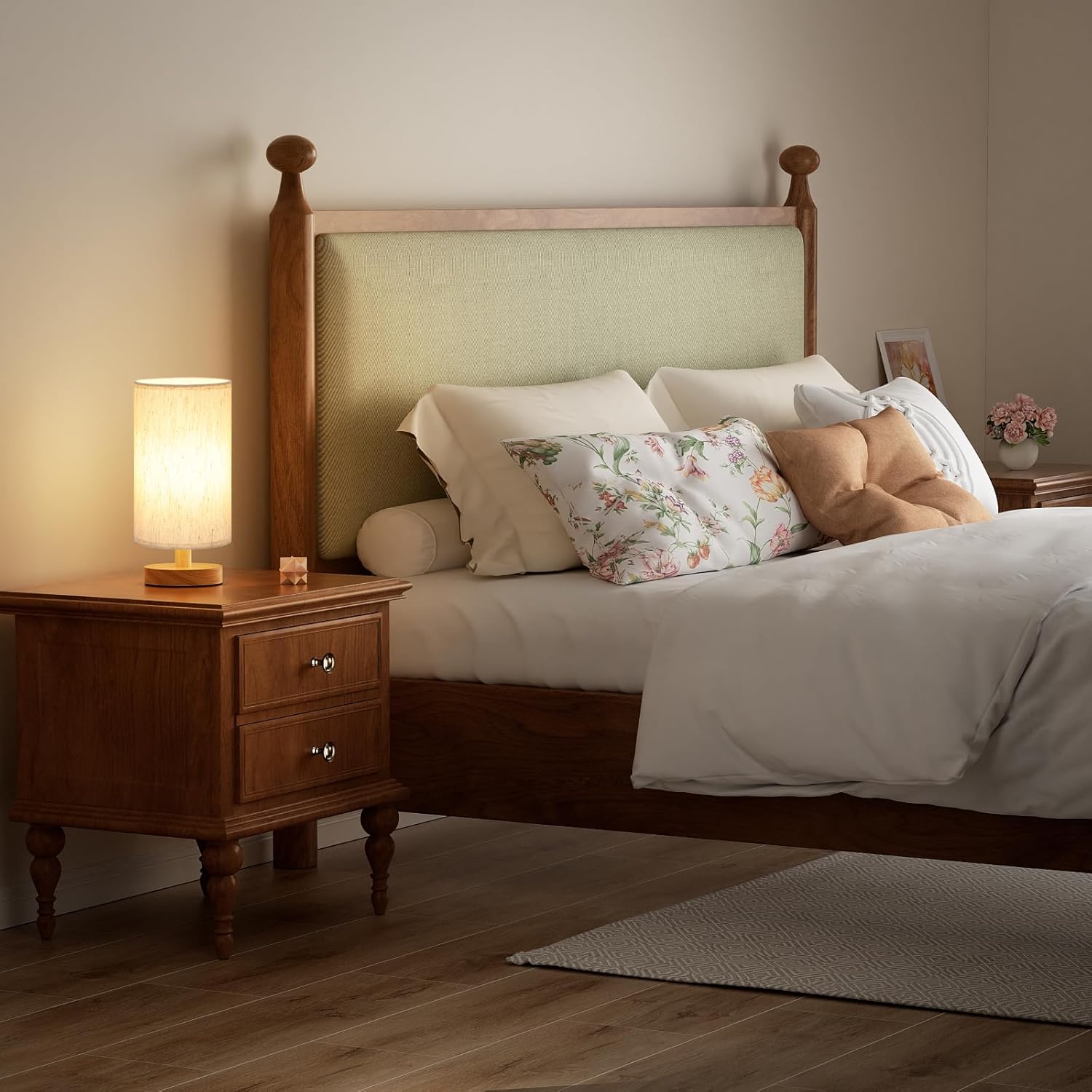 Fenmzee Small Table Lamp for Bedroom - Inline Control. Bedside Lamp with 3000K A15 LED Blub. Easy Assembly (Cream Shade - Wood Base. 9 Inline Control)