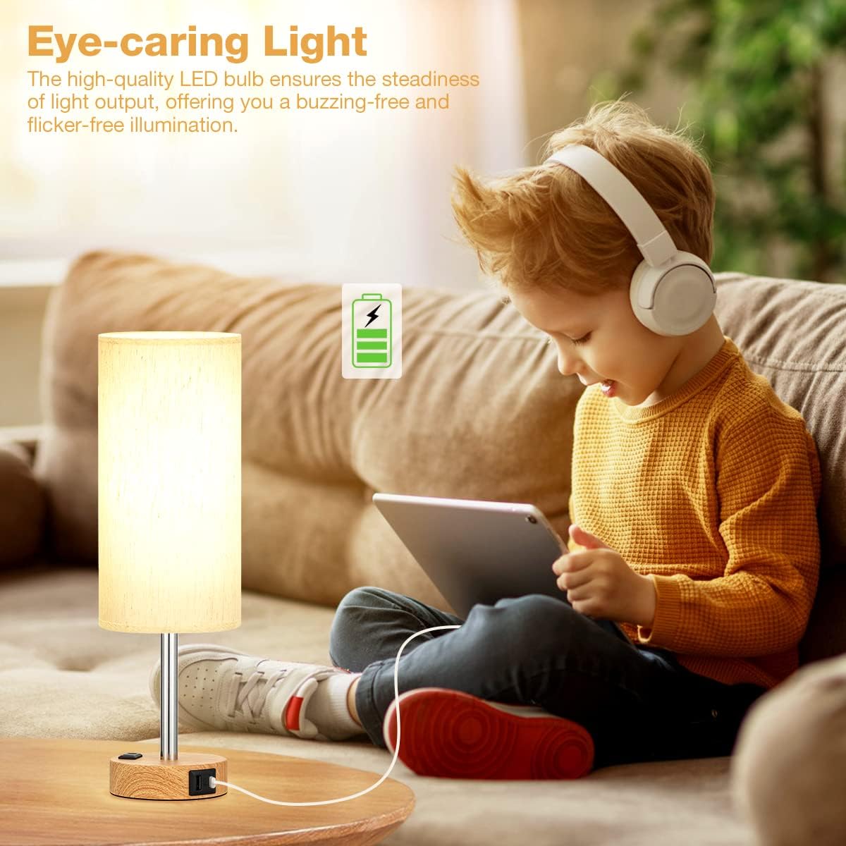 Bedside Table Lamp — Touch-controlled lamp with three brightness levels, featuring a USB-C charging port and an AC power outlet.