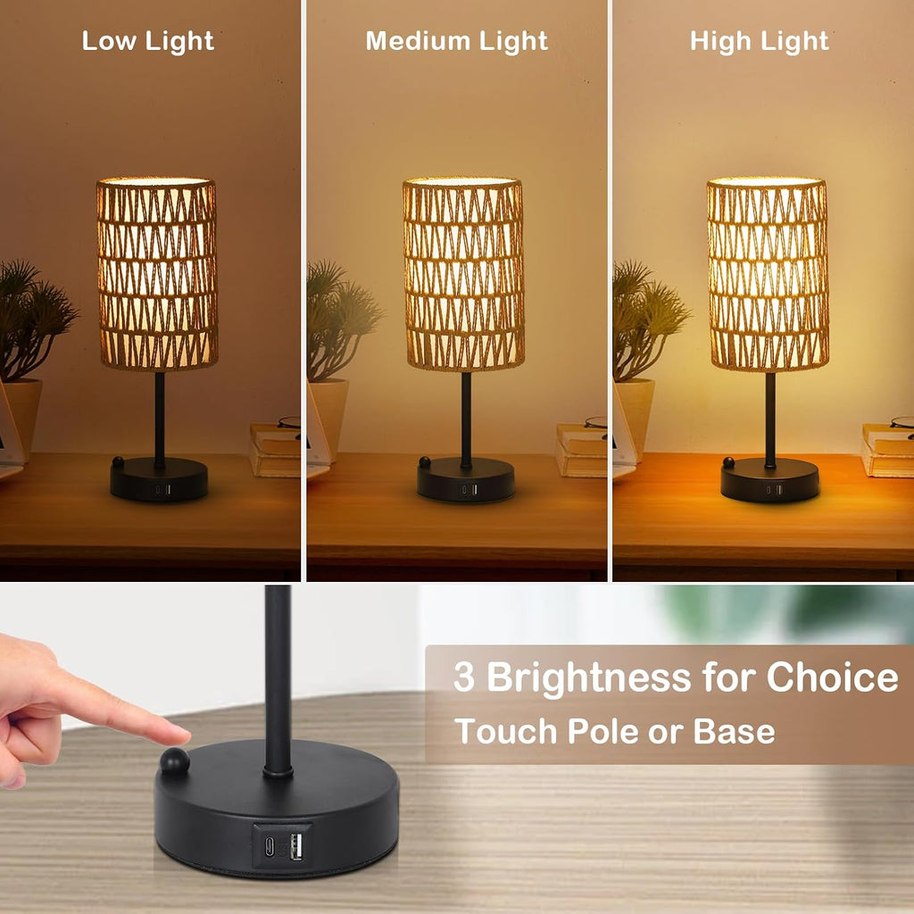 Touch-Control Bedside Lamp (Bulb Included) — Features a Rattan and Linen Shade; 3-Level Dimmable Bedside Lamp with USB Charging Port and Phone Holder