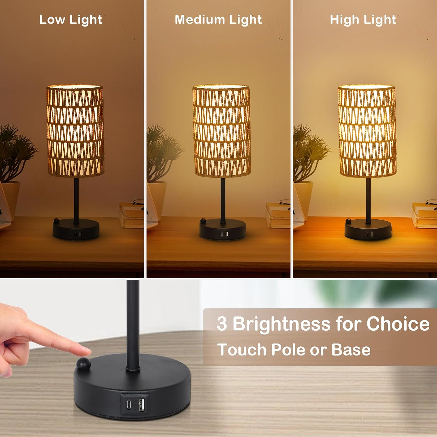 Touch-Control Bedside Lamp (Bulb Included) — Features a Rattan and Linen Shade; 3-Level Dimmable Bedside Lamp with USB Charging Port and Phone Holder