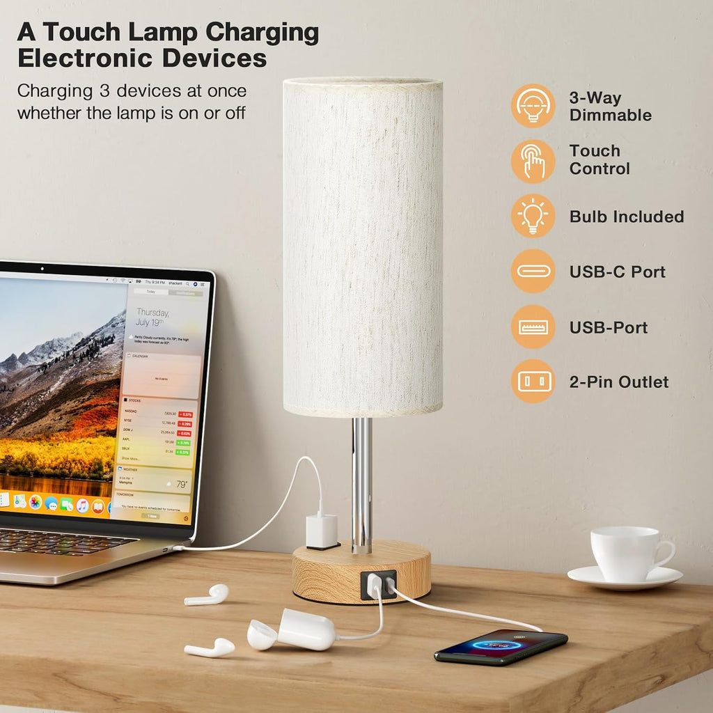 Bedside Table Lamp — Touch-controlled lamp with three brightness levels, featuring a USB-C charging port and an AC power outlet.