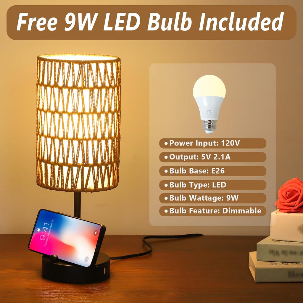 Touch-Control Bedside Lamp (Bulb Included) — Features a Rattan and Linen Shade; 3-Level Dimmable Bedside Lamp with USB Charging Port and Phone Holder