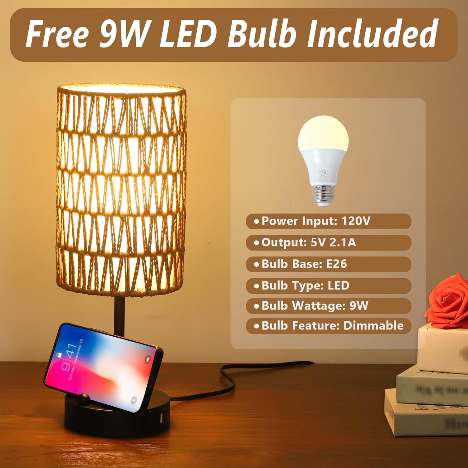 Touch-Control Bedside Lamp (Bulb Included) — Features a Rattan and Linen Shade; 3-Level Dimmable Bedside Lamp with USB Charging Port and Phone Holder