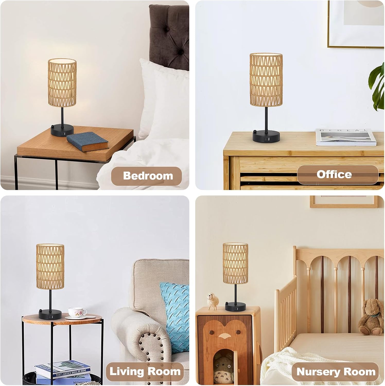 Touch-Control Bedside Lamp (Bulb Included) — Features a Rattan and Linen Shade; 3-Level Dimmable Bedside Lamp with USB Charging Port and Phone Holder