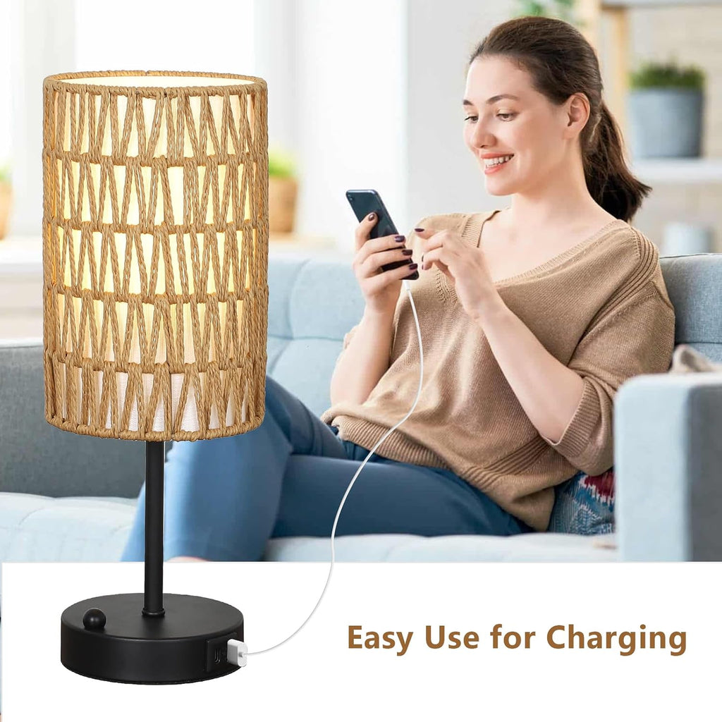 Touch-Control Bedside Lamp (Bulb Included) — Features a Rattan and Linen Shade; 3-Level Dimmable Bedside Lamp with USB Charging Port and Phone Holder