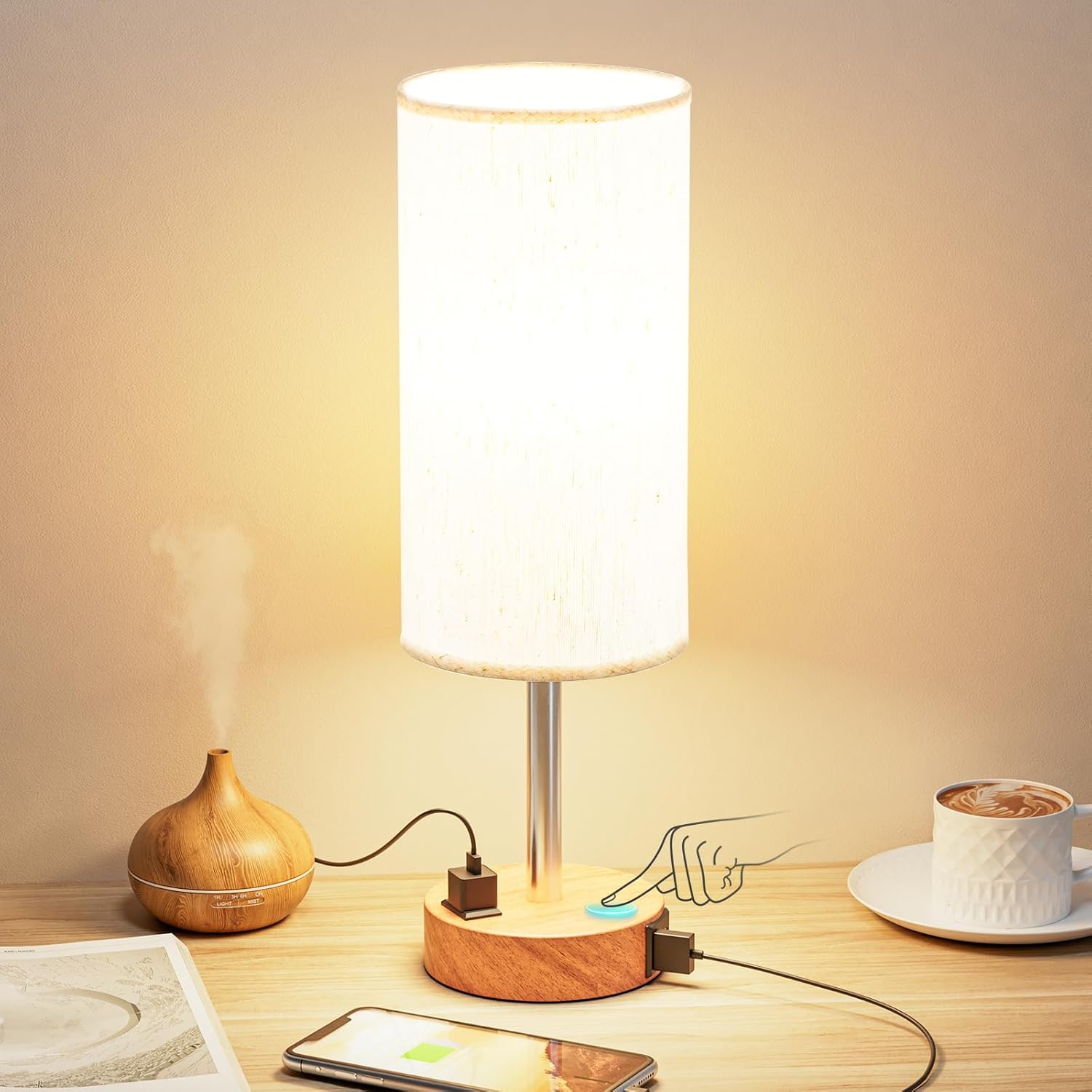 Bedside Table Lamp — Touch-controlled lamp with three brightness levels, featuring a USB-C charging port and an AC power outlet.