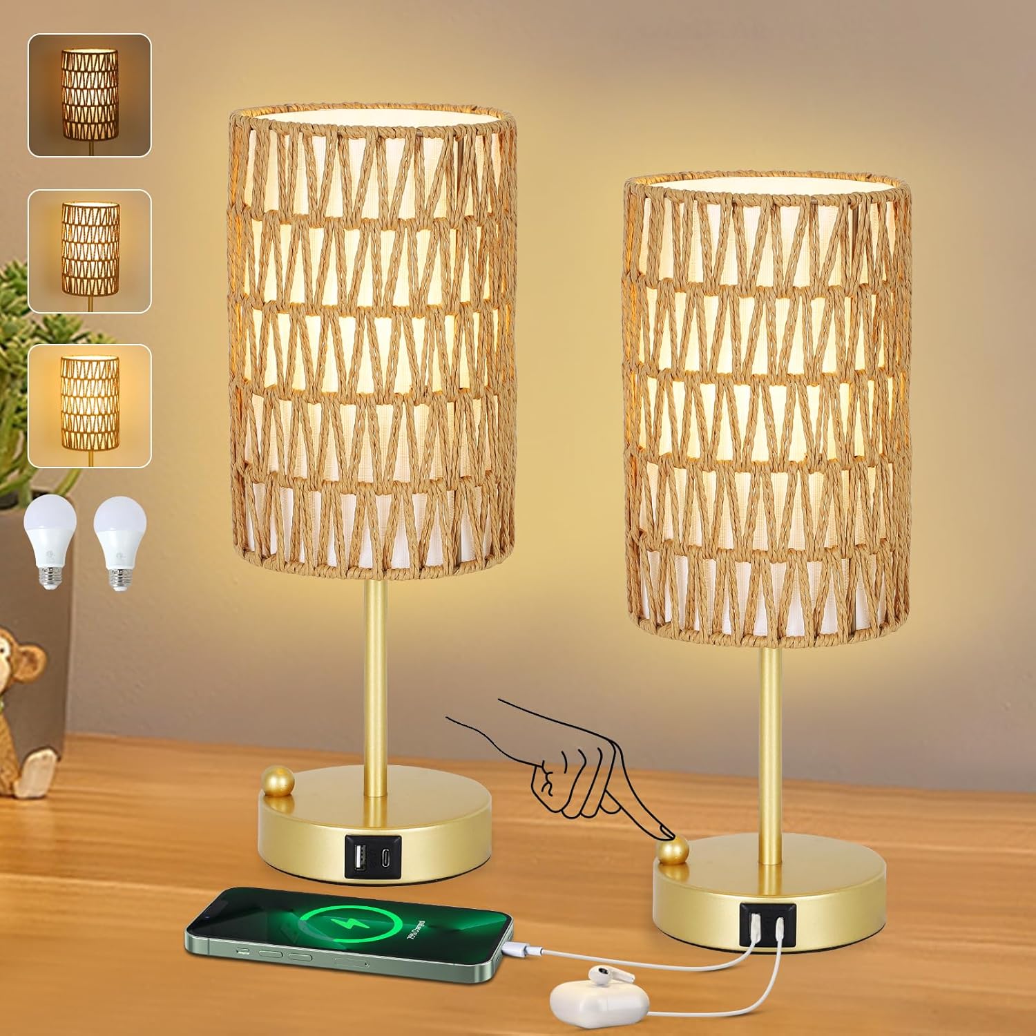 Touch-Control Bedside Lamp (Bulb Included) — Features a Rattan and Linen Shade; 3-Level Dimmable Bedside Lamp with USB Charging Port and Phone Holder