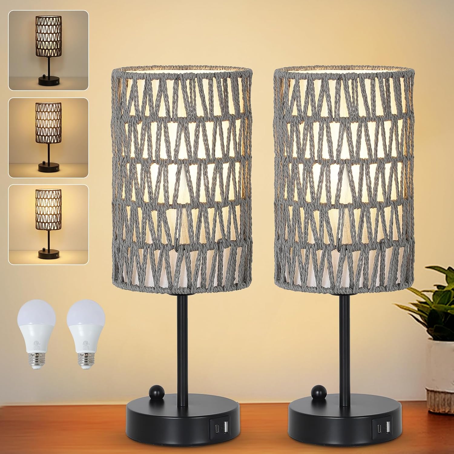 Touch-Control Bedside Lamp (Bulb Included) — Features a Rattan and Linen Shade; 3-Level Dimmable Bedside Lamp with USB Charging Port and Phone Holder
