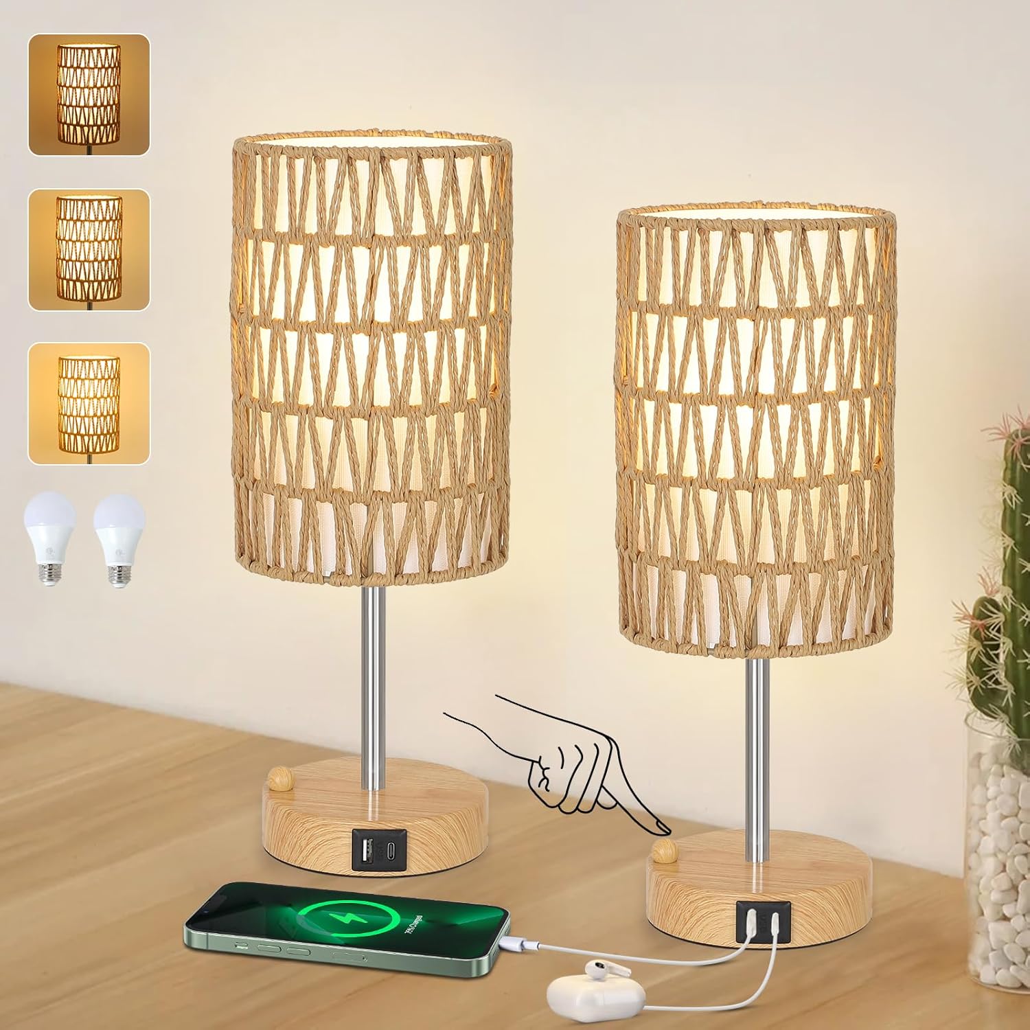 Touch-Control Bedside Lamp (Bulb Included) — Features a Rattan and Linen Shade; 3-Level Dimmable Bedside Lamp with USB Charging Port and Phone Holder