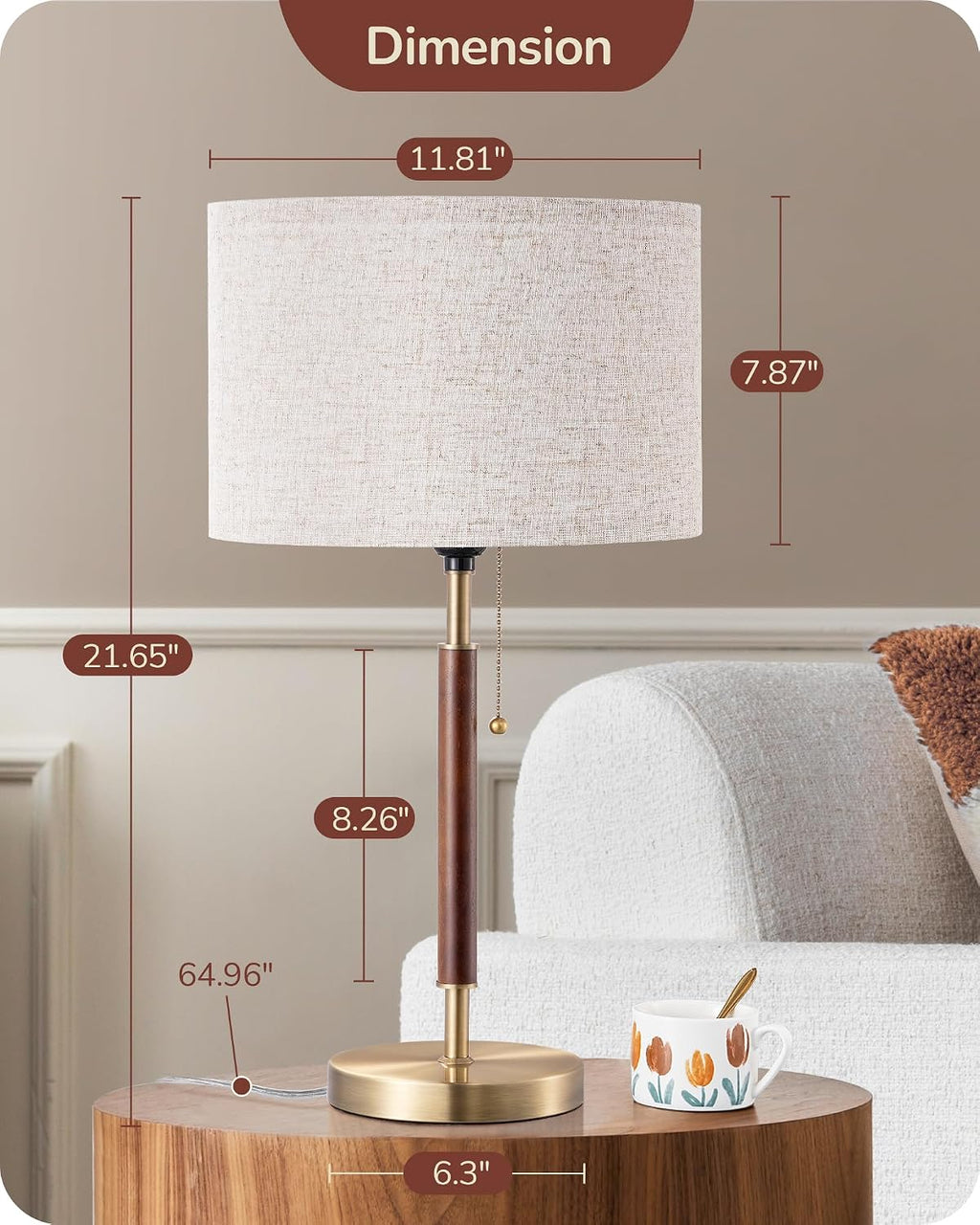 Mid-century style table lamp—a bedside lamp featuring a pull-chain switch and a design combining solid wood with a metal stem.