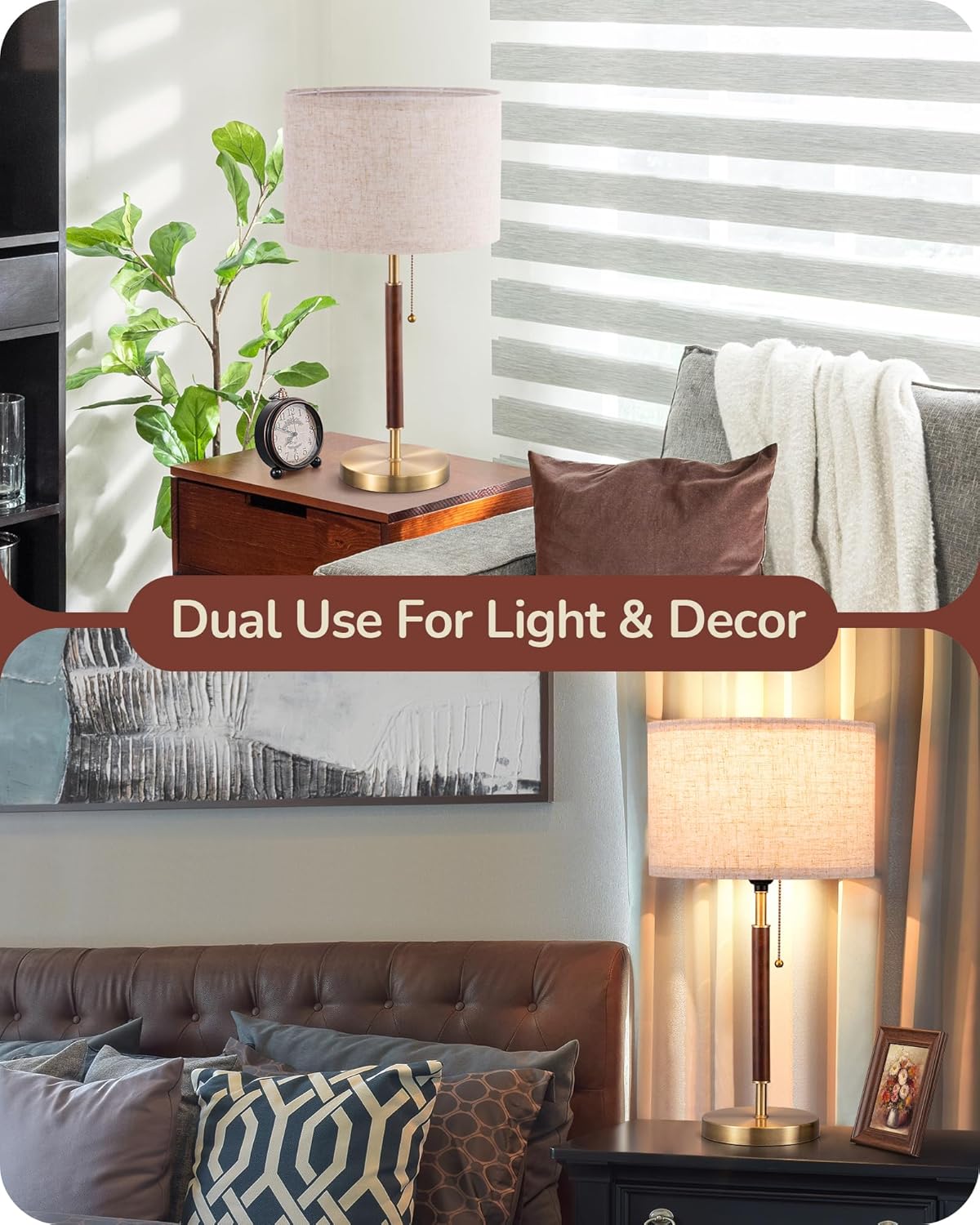 Mid-century style table lamp—a bedside lamp featuring a pull-chain switch and a design combining solid wood with a metal stem.