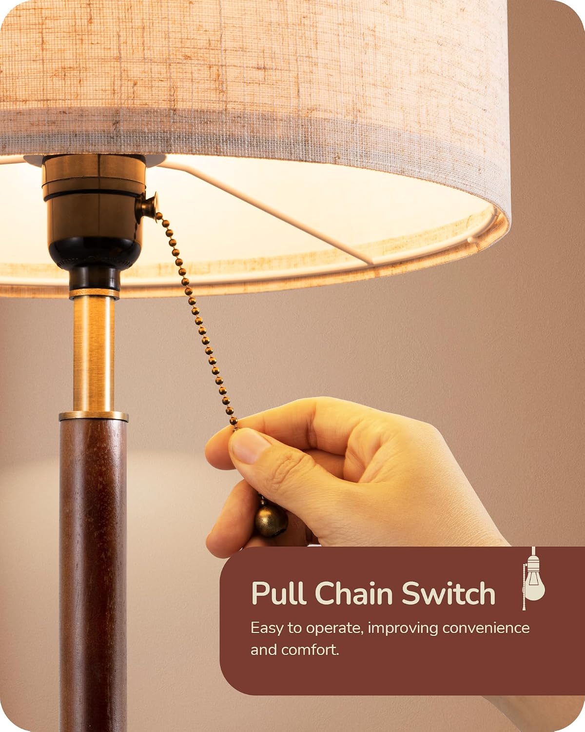Mid-century style table lamp—a bedside lamp featuring a pull-chain switch and a design combining solid wood with a metal stem.